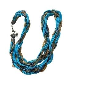 Braided vintage retro style turquoise gold and rainbow strands necklace 19 in